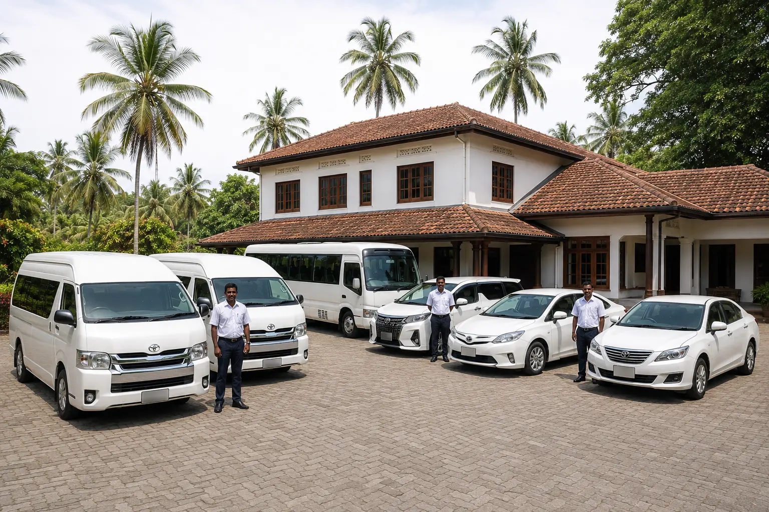 Finwin Travels fleet vehicles parked at a guest villa