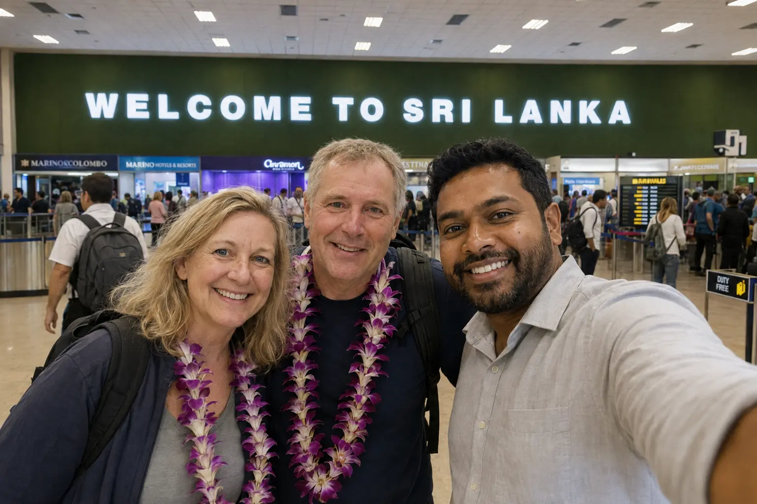 Finwin Travels guide greeting guests with a garland