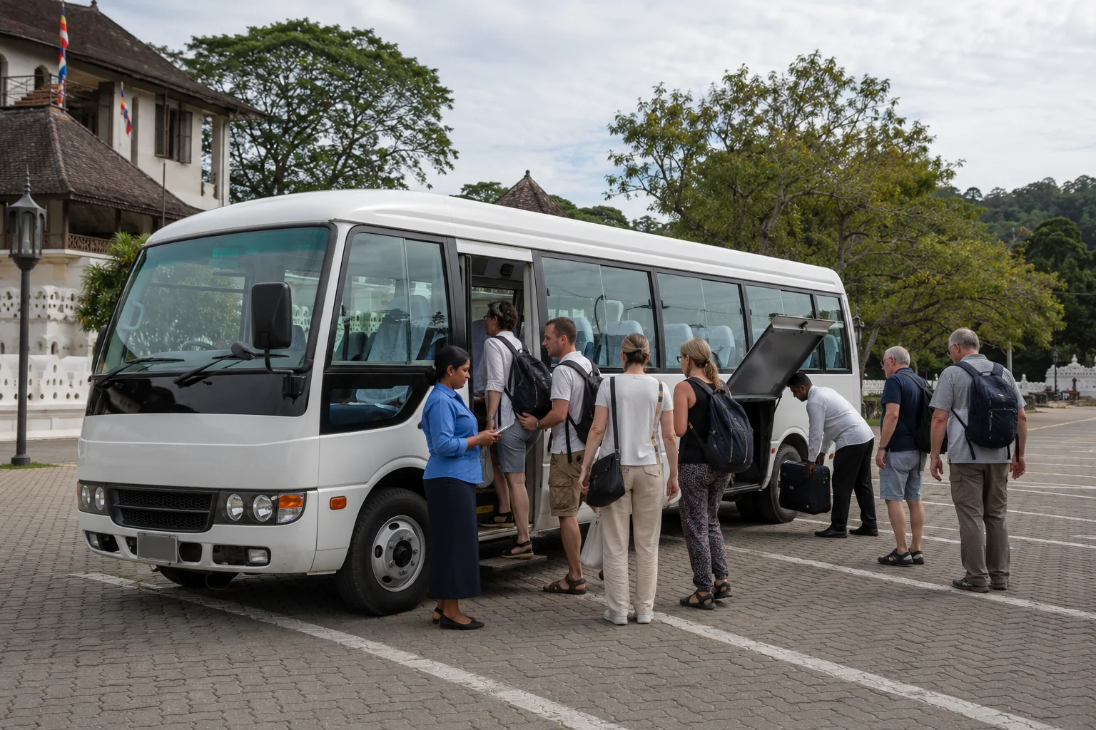 Guests boarding a Finwin Travels coaster bus